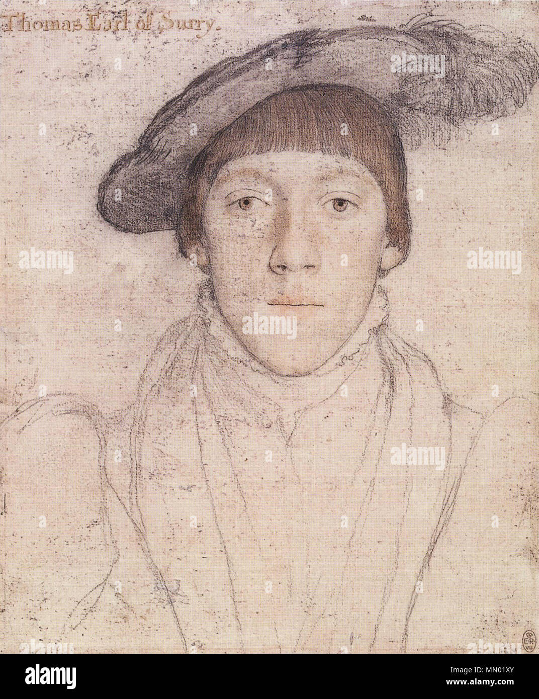 . Englisch: Portrait von Henry Howard, Earl of Surrey. Schwarze und farbige Kreide, Feder und Tusche, Aquarell auf Rosa - grundiert Papier, 25,1 × 20,1 cm, Royal Collection, Windsor Castle. Dies ist eine Zeichnung von Henry Howard, Earl of Surrey (1517 - 47). Die Inschrift "Thomas Graf von Surry, später hinzugefügt, ist falsch. Howard war ein Dichter und Kunstliebhaber, die Sitzung für Porträts: eine andere Zeichnung von ihm von Holbein überlebt, als auch ein Öl portrait. Howard wurde im Jahre 1547 ausgeführt, der fälschlicherweise mit dem königlichen Wappen von England verurteilt. Die Arme sind in einem Porträt von ihm von William Powell Frith gesehen. . Ca. 153 Stockfoto