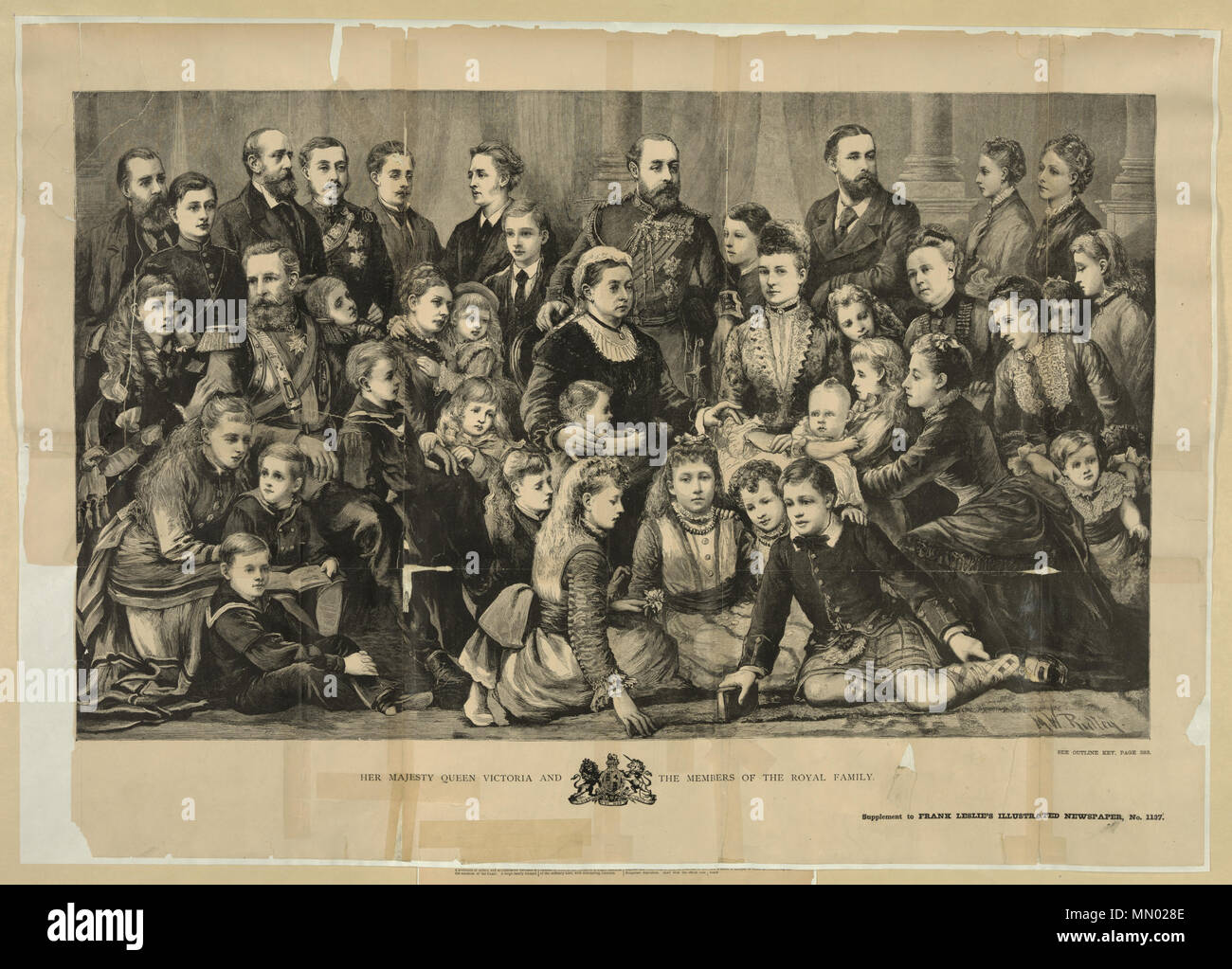 . Familie Portrait von Königin Victoria und ihren Verwandten. Victoria ist zu sehen in der Mitte sitzt, mit ihrer Enkelin Prinzessin Marie Louise von Schleswig-Holstein lehnte sich auf ihren Schoß. Hinter Victoria, ist ihr Sohn, Prinz Albert von Wales. Victoria's daughter-in-law, Alexandra von Dänemark, sitzt auf der linken Seite (in der Mitte rechts). Friedrich, Imperial Kronprinz von Deutschland und Preußen, sitzt zu weit in Uniform. Die anderen Kinder, Schwiegereltern, Enkel von Königin Victoria surround Ihrer Majestät. Siehe Datei: Queen Victoria & königlichen Familie (Kennung).svg für einen Bestimmungsschlüssel o Stockfoto