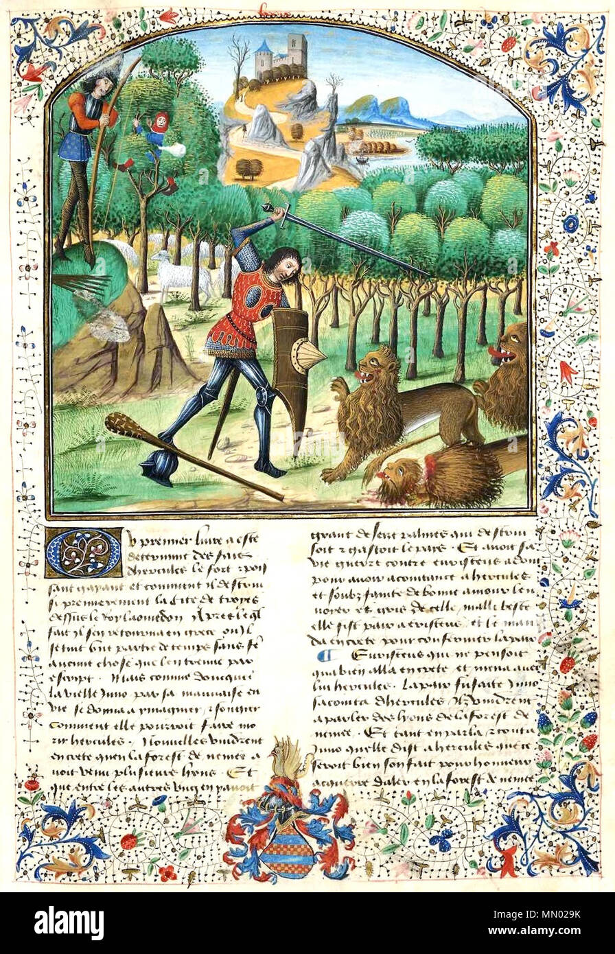 . Français: Hercule bekämpfen Les Lions de Cwp. 23 Juli 2014, 07:32:02. Raoul Lefèvre, XVe siècle Hercule - KBR-MS 9254-f79 Stockfoto