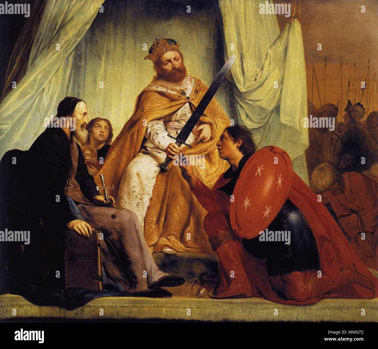 . Englisch: Diese ist in Haarlem als die Legende des Haarlem Schild bekannt. Nederlands: Haarlem ontvangt Het zilveren Dietz en het Schild met de vier Sterne van de Duitse keizer Frederik II vanwege de Verdienste van de stad tijdens de vijfde kruistocht; de verovering van Damiate (1219) met Het zaagschip. Het verhaal Staat bekend als de Wapenvermeerdering. Deze tekens sieren sindsdien het Wapen van Haarlem. Het in de regentenkamer schilderij hangt van het Stadhuis in Haarlem. Englisch: Friedrich Barbarossa vergibt die Stadt Haarlem mit einem Schwert für den Schild oder Wappen. 1630. Het Wapen v Stockfoto