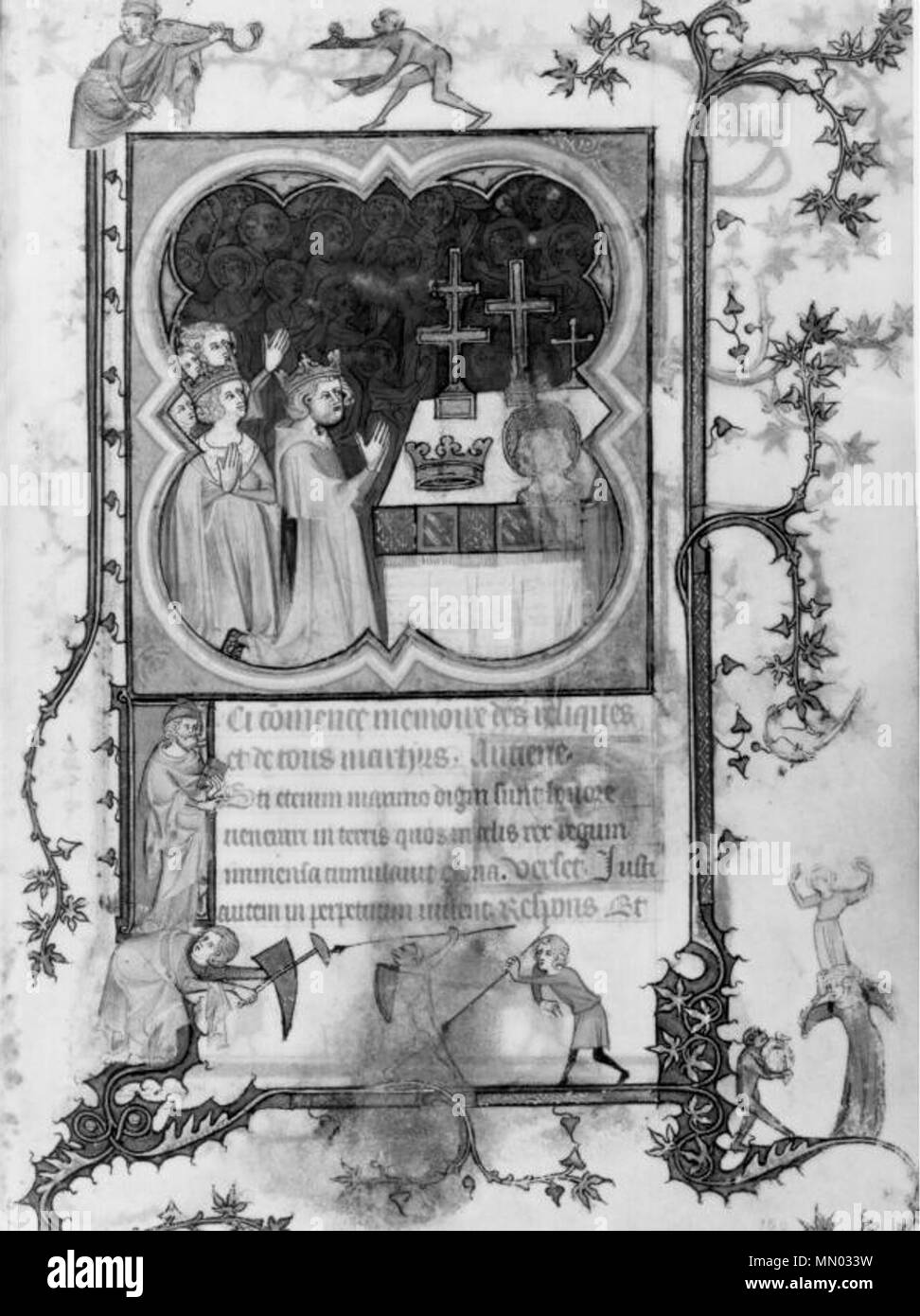 . Englisch: Anbetung der Reliquien der Märtyrer führte durch den König und die Königin, mit Affen und Musiker in der Margen. 1340-49. Anonyme heures de Jeanne de Navarra Stockfoto