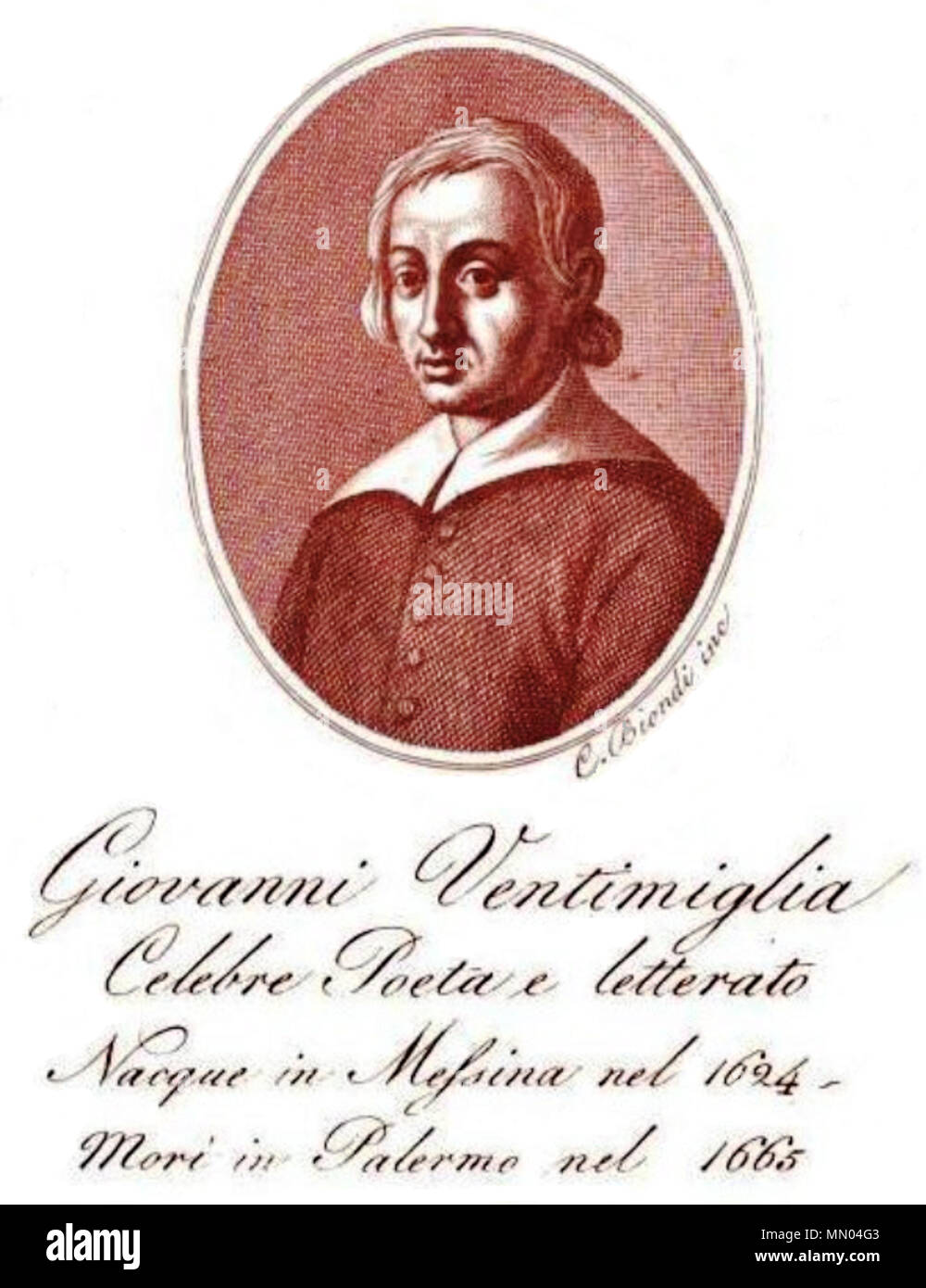 . Englisch: Eine historische Bild 1665 von Giovanni Ventimiglia, berühmte Schriftsteller und Dichter. Optik Herstellung, gedruckt von N. Gervasi, in Neapel ,1817 historische Bild von Giovanni Ventimiglia ,1665 Stockfoto