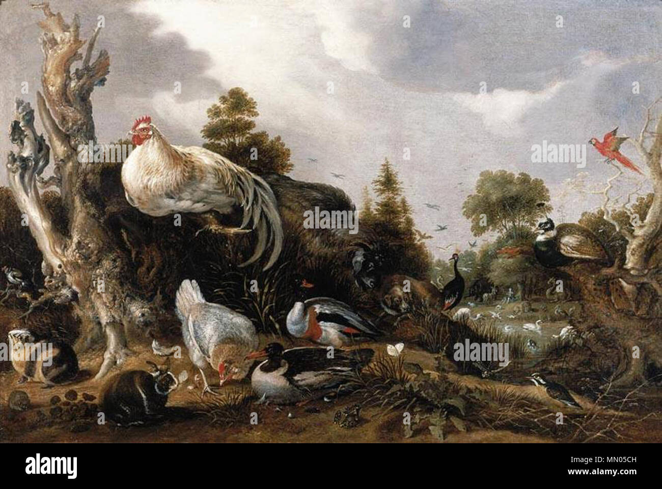 Englisch: Orpheus Charming die Tiere. 1631. Hondecoeter, Gillis d'-Orpheus Charming die Tiere - 1631 Stockfoto