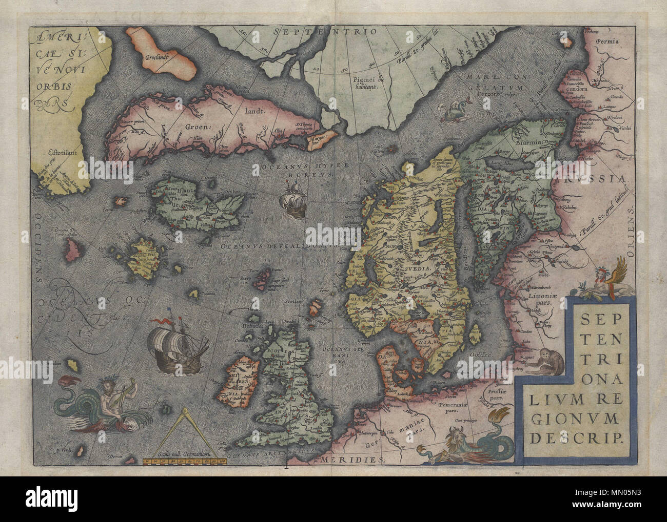 . Français: Carte de l'Islande par Abraham Ortelius en 1570. 1570. Abraham Ortelius, Abraham Ortelius - Septentrionalivm regionvm descriptio - 1570 Stockfoto