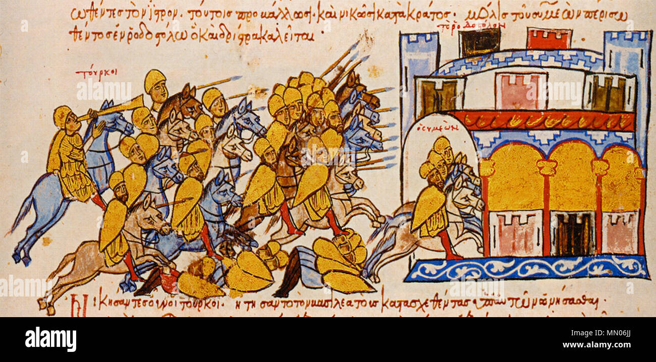 . Zar Simeon, von den Ungarn Verfolgten Unterschlupf in der Hochburg der Drustra, Miniatur, Skyllitzes Matritensis, fol. 108 v, detail Referenzen: Grabar A., Manoussacas M.: L'Illustration du Manuskript de Skylitzes de Madrid, s. 66. 11. und 13. Jahrhunderten. aus dem Mittelalter, unbekannte HungariansPursueBulgarians Stockfoto