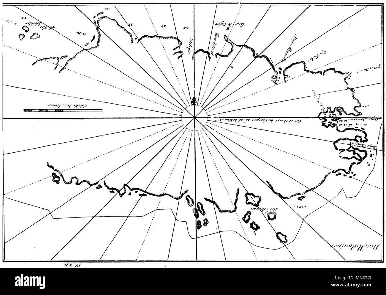 . Karte von den Falkland Inseln (Dom Pernety, 1769). Die ursprüngliche South-Up Karte umgedreht ist einfacher für Küste Anerkennung. . 1769. Antoine-Joseph Pernety Iles-Malouines Stockfoto