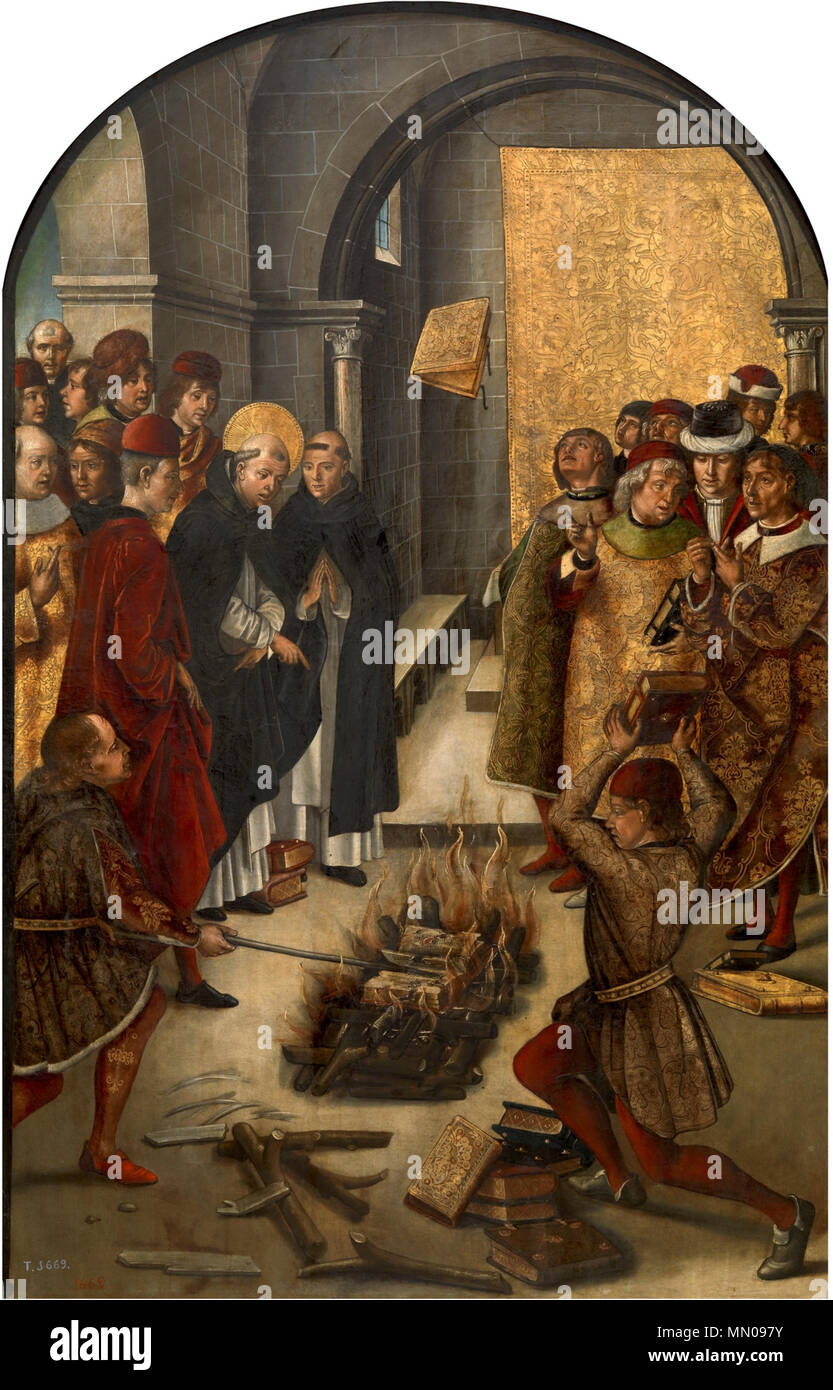 . Español: La pintura beschreiben la Historia de una Disputa entre Santo Domingo de Guzmán, fundador de la Orden de Los Dominicos, y los Albigenser (cátaros), en los que los Libros de Ambos sometidos fueron a una prueba de Fuego, y Los de Santo Domingo fueron milagrosamente preservados de las Lamas (milagro de Fanjeaux). Englisch: Dies schildert die Geschichte einer Auseinandersetzung zwischen Saint Dominic und die Katharer, in der die Bücher sowohl auf einem Feuer und St. Dominic's Bücher geworfen wurden auf wunderbare Weise vor den Flammen bewahrt. Dies wurde geglaubt, die Fehlerhaftigkeit der Lehren der Katharer zu symbolisieren. Spanis Stockfoto