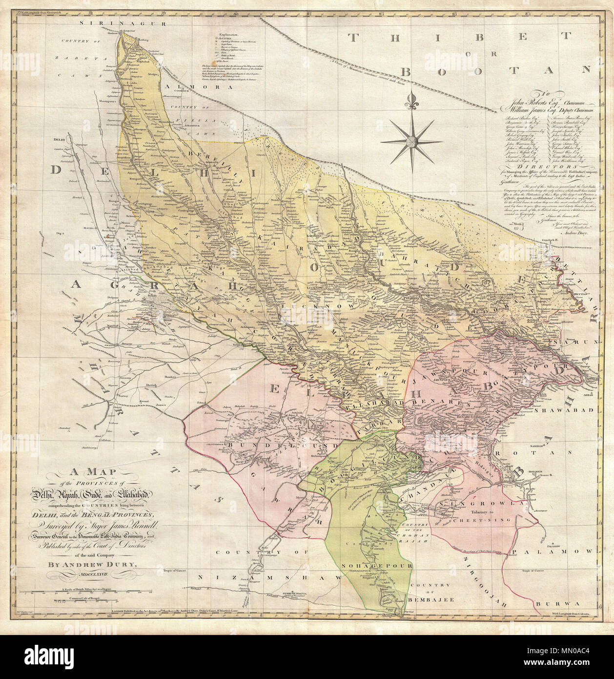 . Englisch: Einen ganz großartigen Wand große Karte von jenen Teilen von Indien in der Nähe von Delhi, Agra und Varanasi. Abdeckungen von Delhi im Nordwesten als fernen Osten entlang des Ganges als Bihar und bis weit südlich von Sohagepour. Umfasst Varanasi (Benares), Lucknow, Gorakhpur und Faizabad unter vielen anderen bedeutenden indischen Städten. Im Norden durch den Himalaya begrenzt und der Grenze zu Tibet und Bhutan. Einer der ersten genaue Karten des Inneren von Indien. Aus primären Erhebungen von James Rennell, das erste moderne Kartograph der Innenraum von Indien Karte gelegt. Hinweise Städte, Märkte, Stockfoto