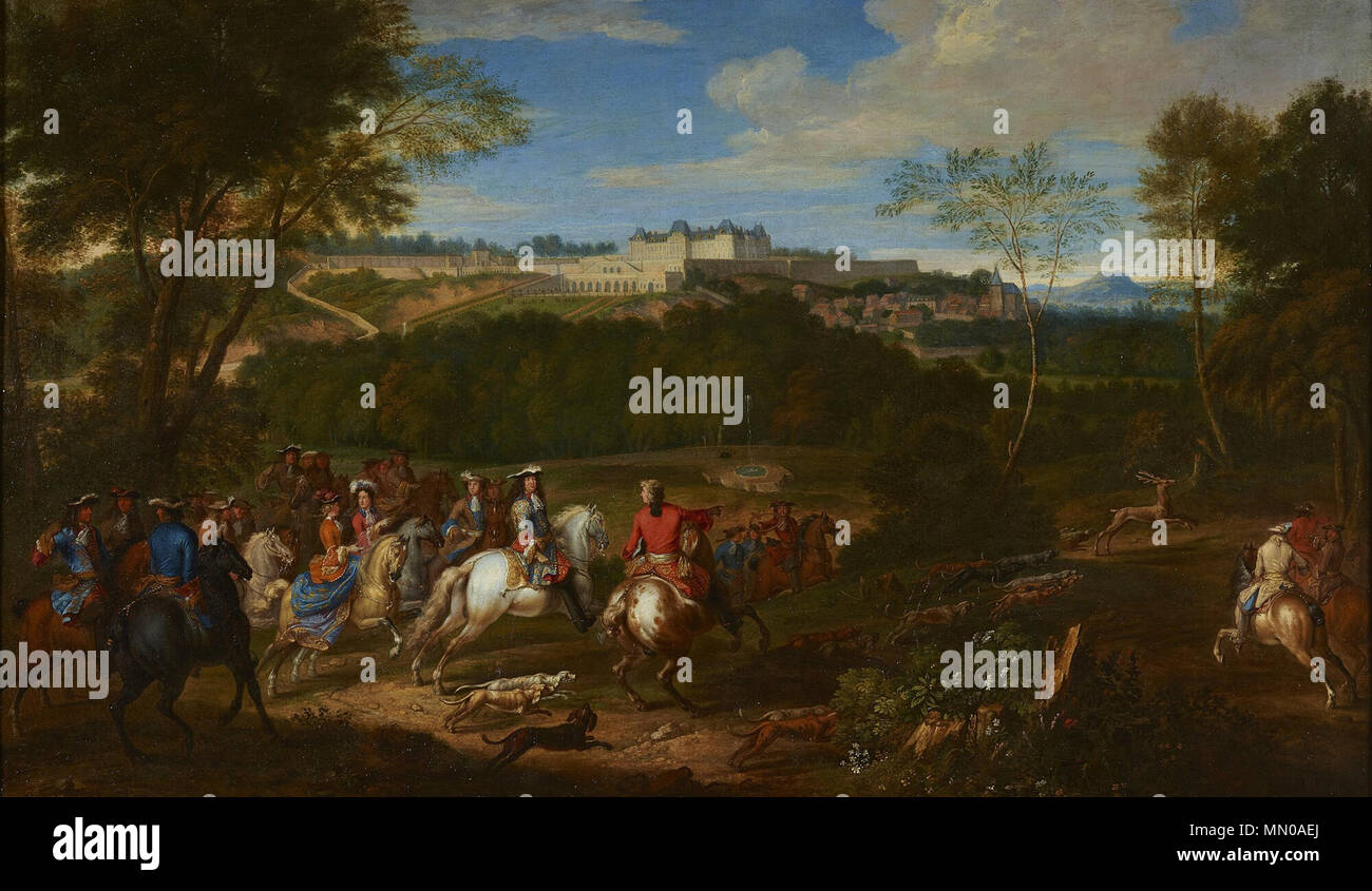 Français: Louis XIV et la cour Chassant près du château de Meudon entre 1695 et 1705. Tableau de l'école de Van der Meulen, d'où Le décalage de la Datum par rapport à la mort du peintre. Englisch: Ludwig XIV. und sein Hof jagd in Blick auf das Schloss von Meudon. zwischen 1695 und 1705. Adam Frans van der Meulen - Ludwig XIV. und sein Hof jagd in Blick auf das Schloss von Issy-les-Moulineaux Stockfoto