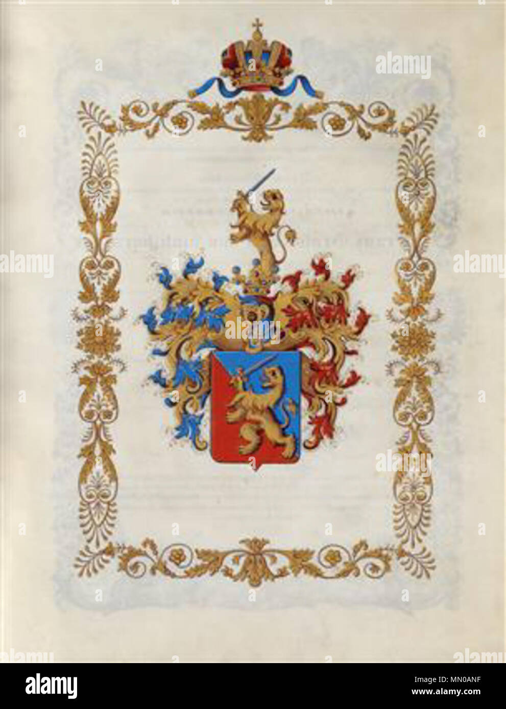 . English: Wappen aus dem Adelsdiplom von Ferdinand I. (Kaiser von Österreich 1835-1848) für Franz Großmann, Hauptmann im Linien-Infanterieregiment Nr. 28 "Graf Latour', mit Verleihung des Prädikates "von Stahlborn'. Text mit ausführlicher Würdigung der militärischen Biografie des 1793 in Budweis geborenen Adelsstandserwerbers: '... 5/6 of this langjährigen Militär-Dienstleistung hat derselbe sterben Feldzüge von den Jahren ein Tausend Achthundert neun und Tausend Achthundert fünzehn mitgemacht, den Schlachten von Aspern, Deutsch-Wagram und Znaim, dann der Blockade der Pfalzburg Festungen Stockfoto