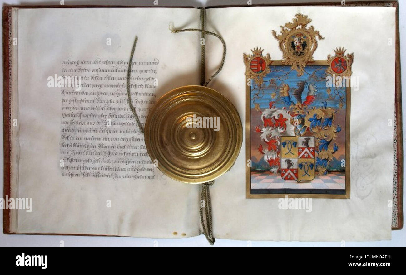 . English: Adelsdiplom von Franz II./I. (Römisch-deutscher Kaiser 1792-1806, Kaiser von Österreich 1804-1835) für Johann Anton Xaver Ledermayer, Landesgerichtsverwalter zu Weyer in Oberösterreich, mit Verleihung des Prädikates "Edler von Mayernfeld'. Ausgestellt Wien, 17. Februar 1794, mit eigenhändiger Unterschrift des Kaisers, drei Gegenzeichnungen, darunter Leopold Graf von kolowrat-krakowsky. Pergamentlibell, 17 Seiten, Abb. auf 3 Seiten gedruckte Bordüren (signiert Franciscus Mayer fecit 1757) und kleinere von Hand gezeichnete Zierstücke. Text in schwarzer Tusche mit Ganzs goldgehöhter K Stockfoto