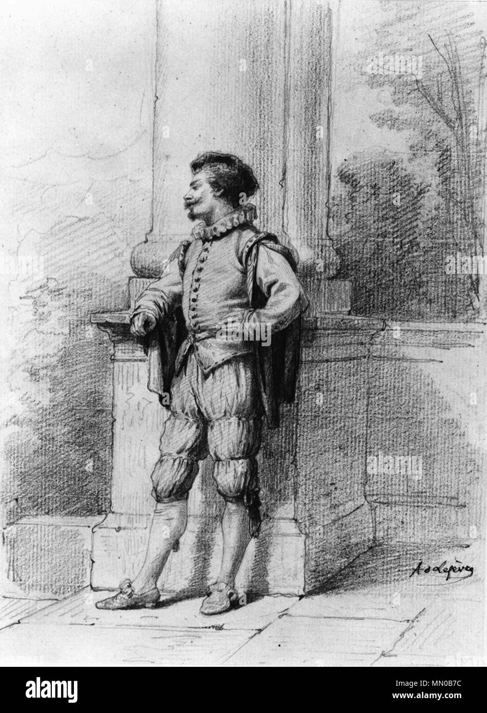 37.1630 Adolphe-René Lefevre (Französisch, 1834-1868). 'Höfling stehend durch eine Spalte, "Ca. 1860. Graphit auf Sahne, mäßig dick, mäßig strukturierten Bütten. Walters Art Museum (37.1630): Erworben durch William T. Walters, 1862 (?). Adolphe-René Lefevre - höfling Stehend durch eine Spalte - Walters 371630 Stockfoto