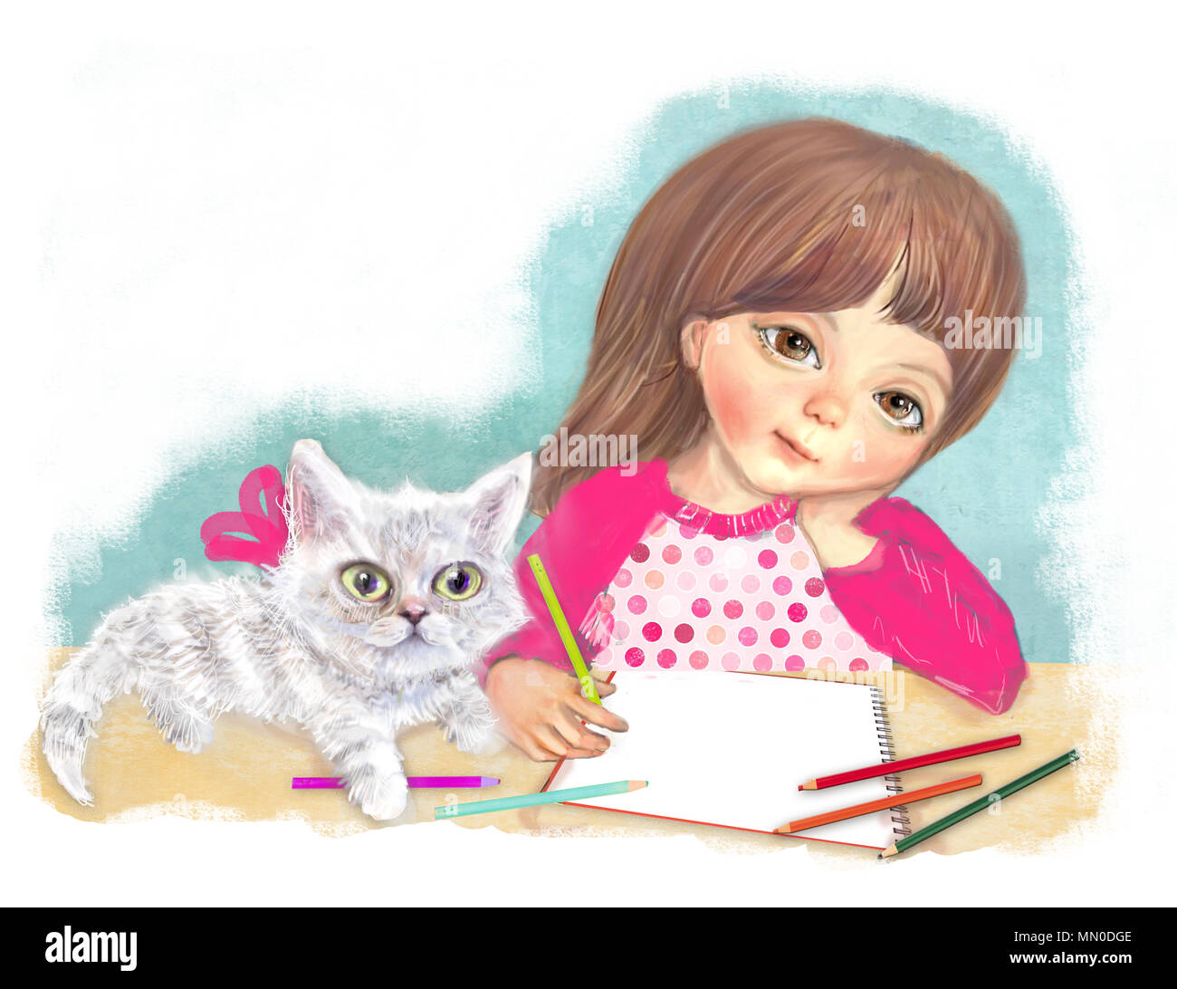 Abbildung: ein süßes kleines Mädchen mit Katze. Künstlerin Mädchen beginnt Bleistifte in Album zu malen. Character Design. Mädchen und Katze gehen zu malen. Stockfoto