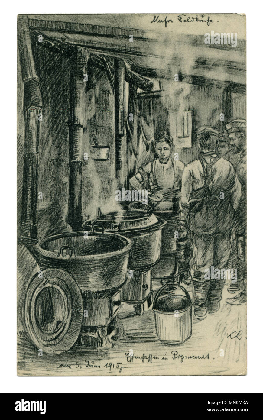 Alte deutsche Postkarte: Schwarz und Weiß Bleistift Zeichnung: ein Soldat Küche, die Männer mit Steel Pot stehen in der Schlange für das Essen. der Erste Weltkrieg 1914-1918 Deutschland Stockfoto