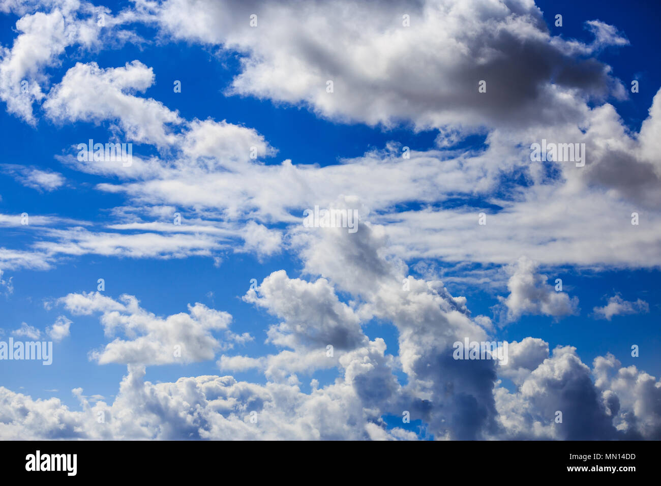 Weiße Wolken am blauen Himmel für Kulisse. Vereinzelte Wolken am Tageslicht, Skyline von unter Ansicht. Stockfoto