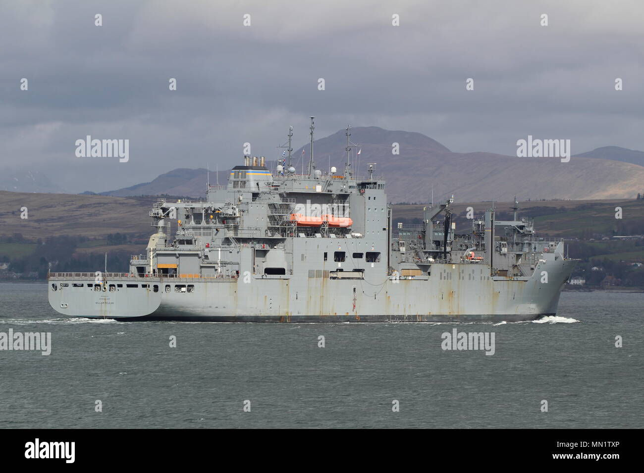 USNS William McLean (T-AKE-12), Lewis und Clark-Klasse Dry Cargo Schiff der US-Marine, bei der ankunft Stufen für Übung gemeinsame Krieger 18-1. Stockfoto