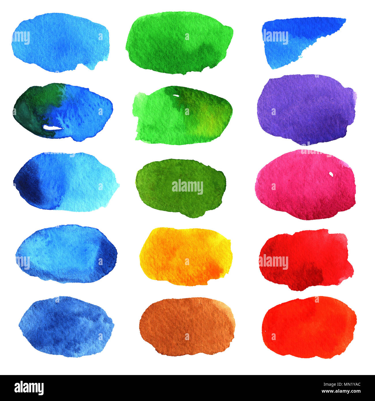 Satz farbiger Aquarell Flecken auf weißem Hintergrund Stockfoto