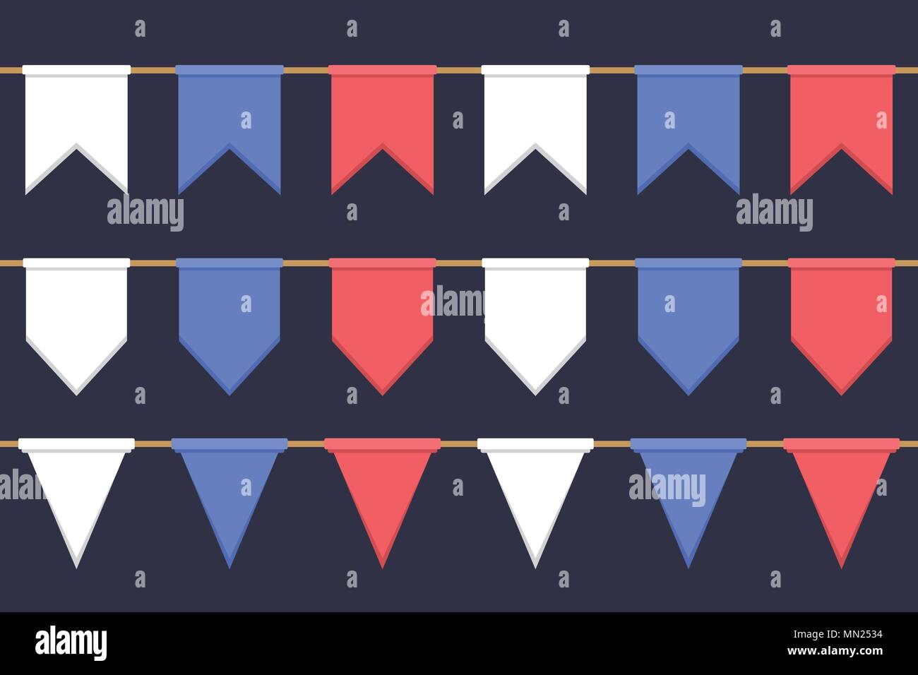 Satz von Girlanden mit Feier Flaggen Kette, weißen, blauen, roten Fähnchen auf dunklem Hintergrund, Fußzeile und Banner für die Dekoration Stock Vektor