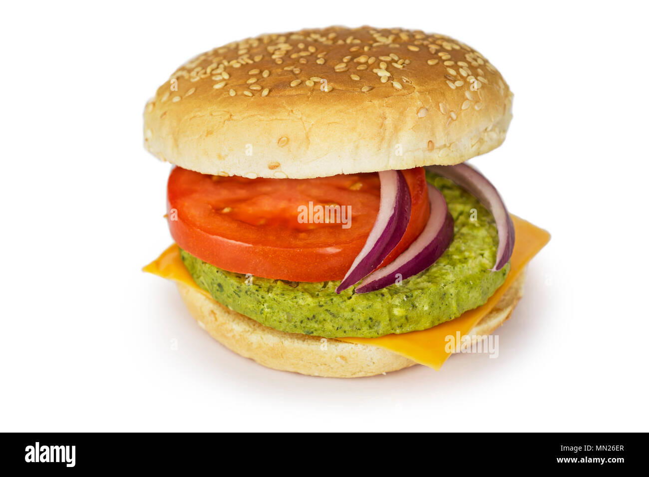 Vegetarisch Veggie Burger, Patty mit grünen Bohnen, Erbsen, Spinat, Brokkoli Stockfoto