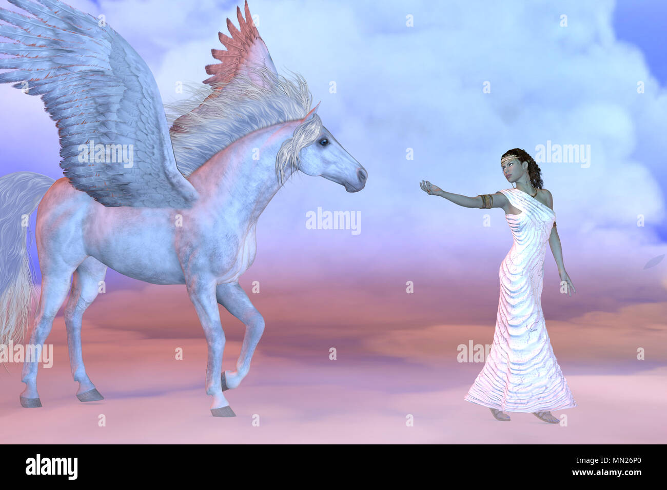 Athena griechische Göttin und Pegasus - Athena, Tochter des griechischen Gottes Zeus, lädt zu der mythischen Pegasus hoch oben in den Wolkenschichten. Stockfoto