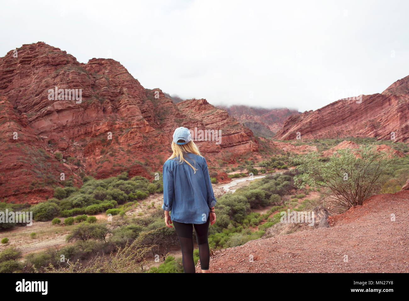 Frau von hinten mit Blick auf das Tal des Rio las Conchas" und "Valles Calchaquies'. Der Provinz Salta, Cafayate, Argentinien. Mai 2018 Stockfoto