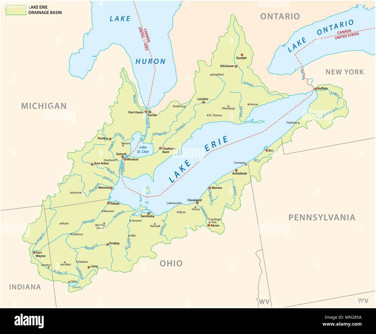 Lake Erie Einzugsgebiet Vektorkarte Stock Vektor