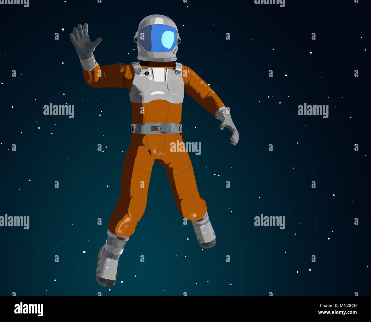 Winkende cartoon Astronaut im Weltraum. 3D-Darstellung Stockfoto