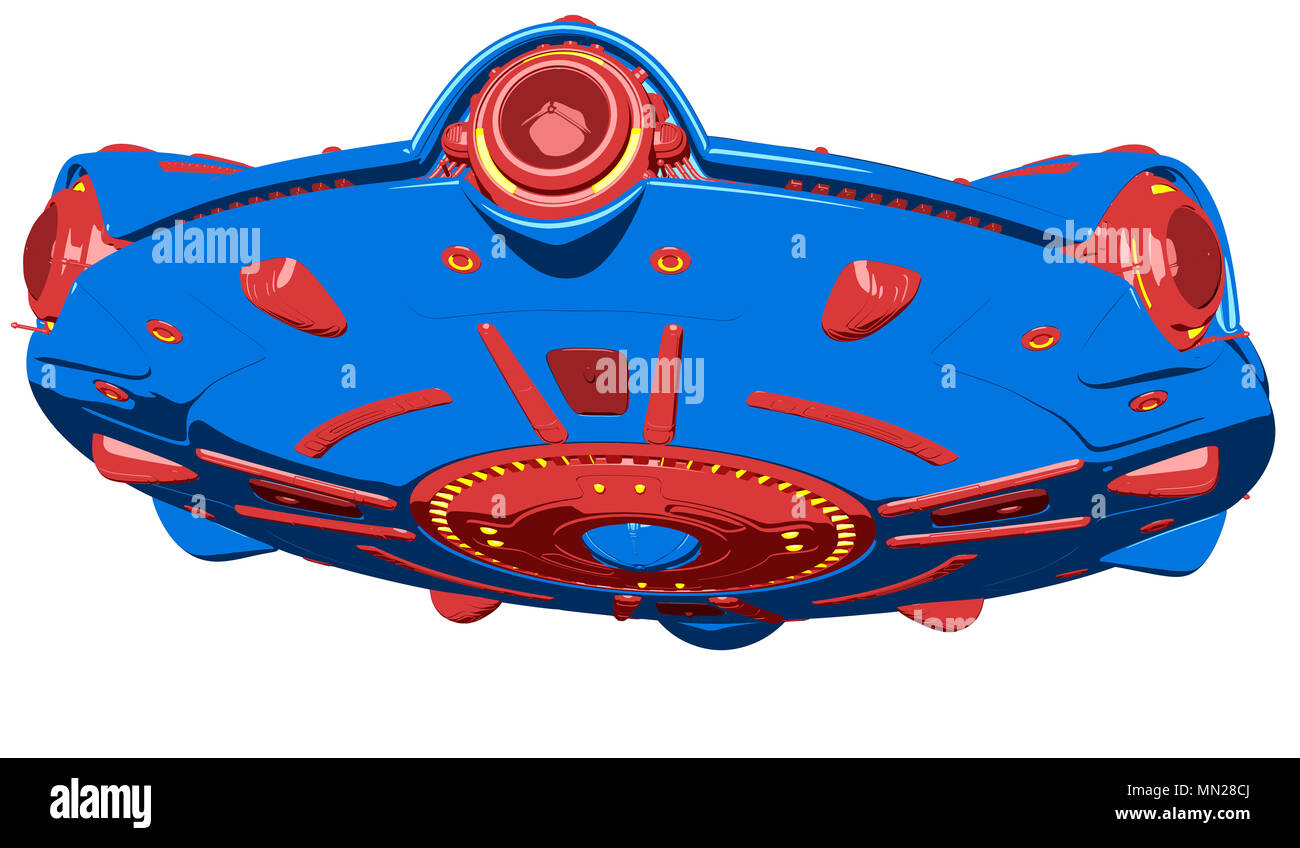 Cartoon UFO isoliert auf weißem Hintergrund. 3D-Darstellung Stockfoto