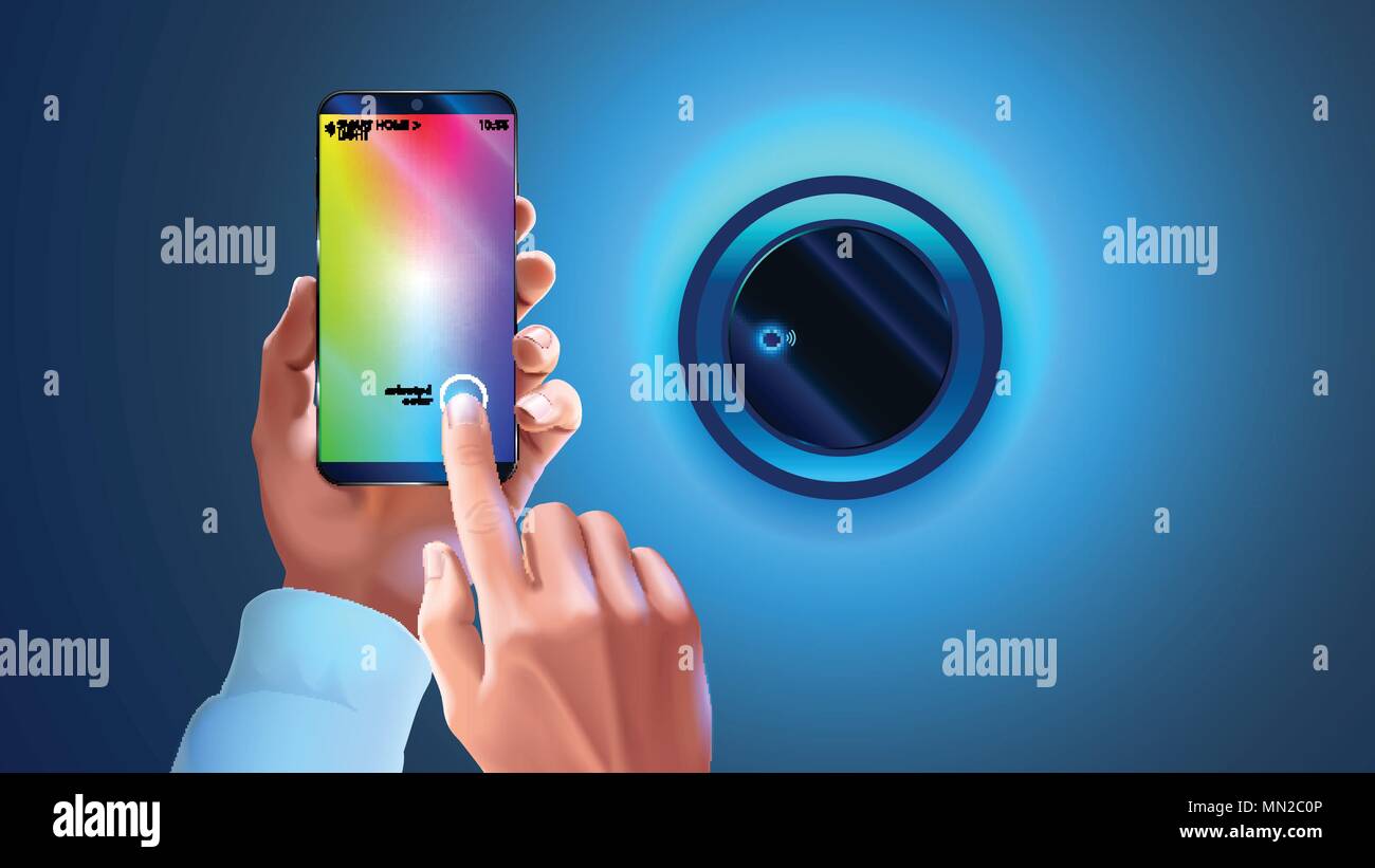 Farbton App auf dem Telefon verwendet Smart Lamp im Smart Home System zu steuern. Hände halten Smartphone, Ändern der Farbe light Wall lapm. Wi-fi Fernbedienung Lampe. S Stock Vektor