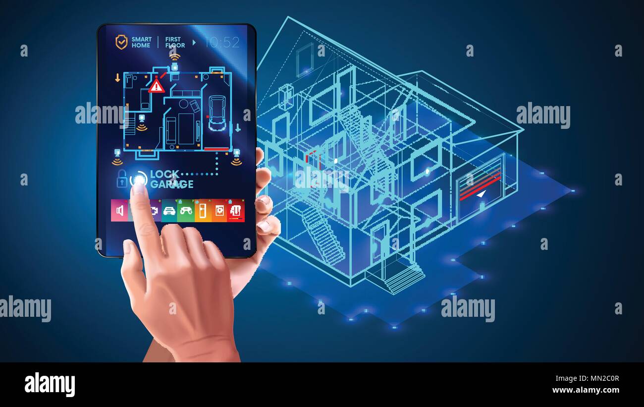 IOT. Smart Home System Application Interface. 3D-Haus plan x-ray. Hand berühren auf Tablet Bildschirm. Steuerung Verriegelung von Türen und Fenstern über das Internet von Th Stock Vektor