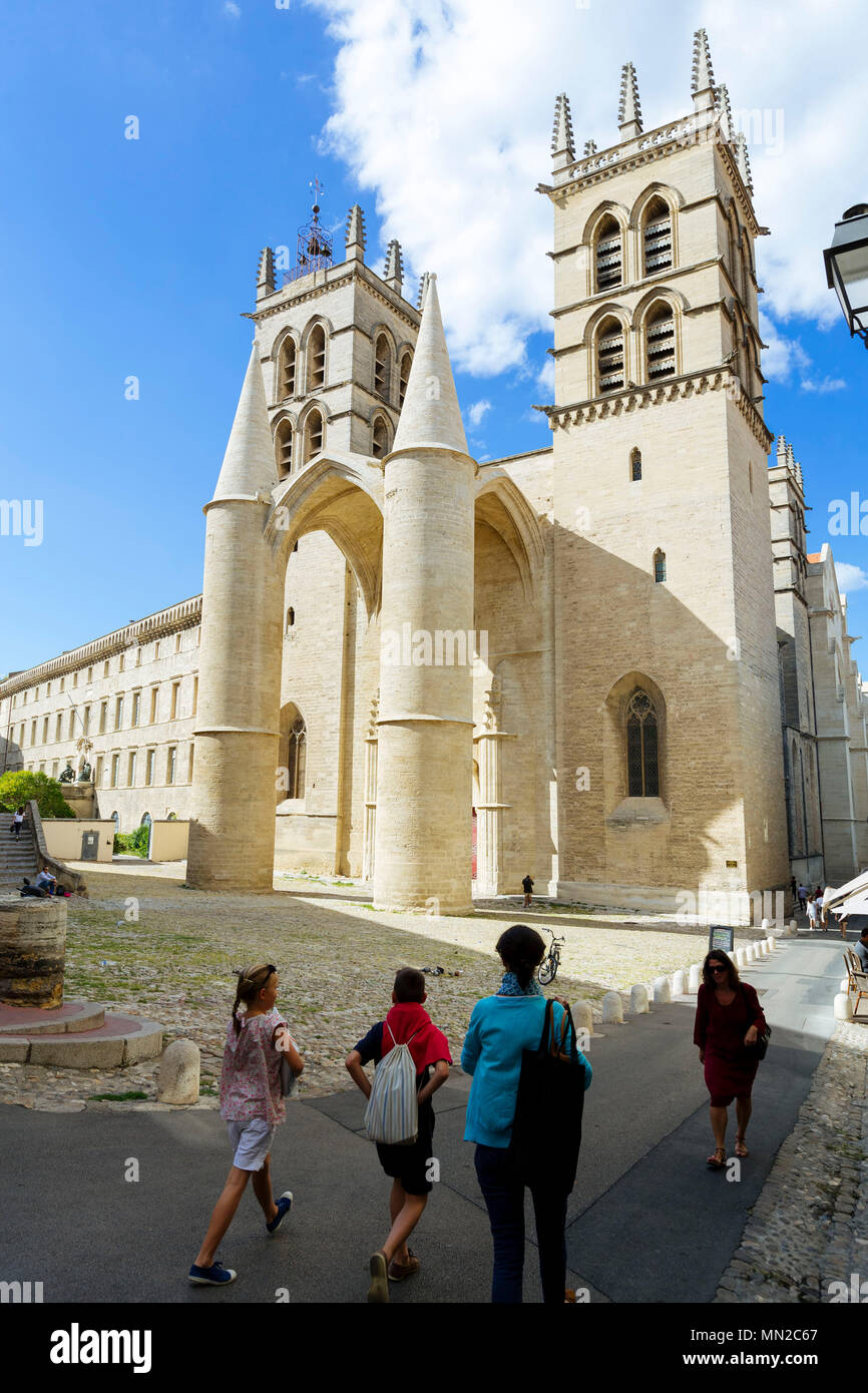 Montpellier (Südfrankreich): Montpellier Kathedrale von zwei riesigen quadratischen Türmen überragt Stockfoto