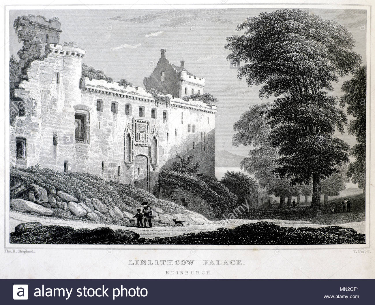 Linlithgow Palace in der Nähe von Edinburgh, antike Gravur von 1829 Stockfoto