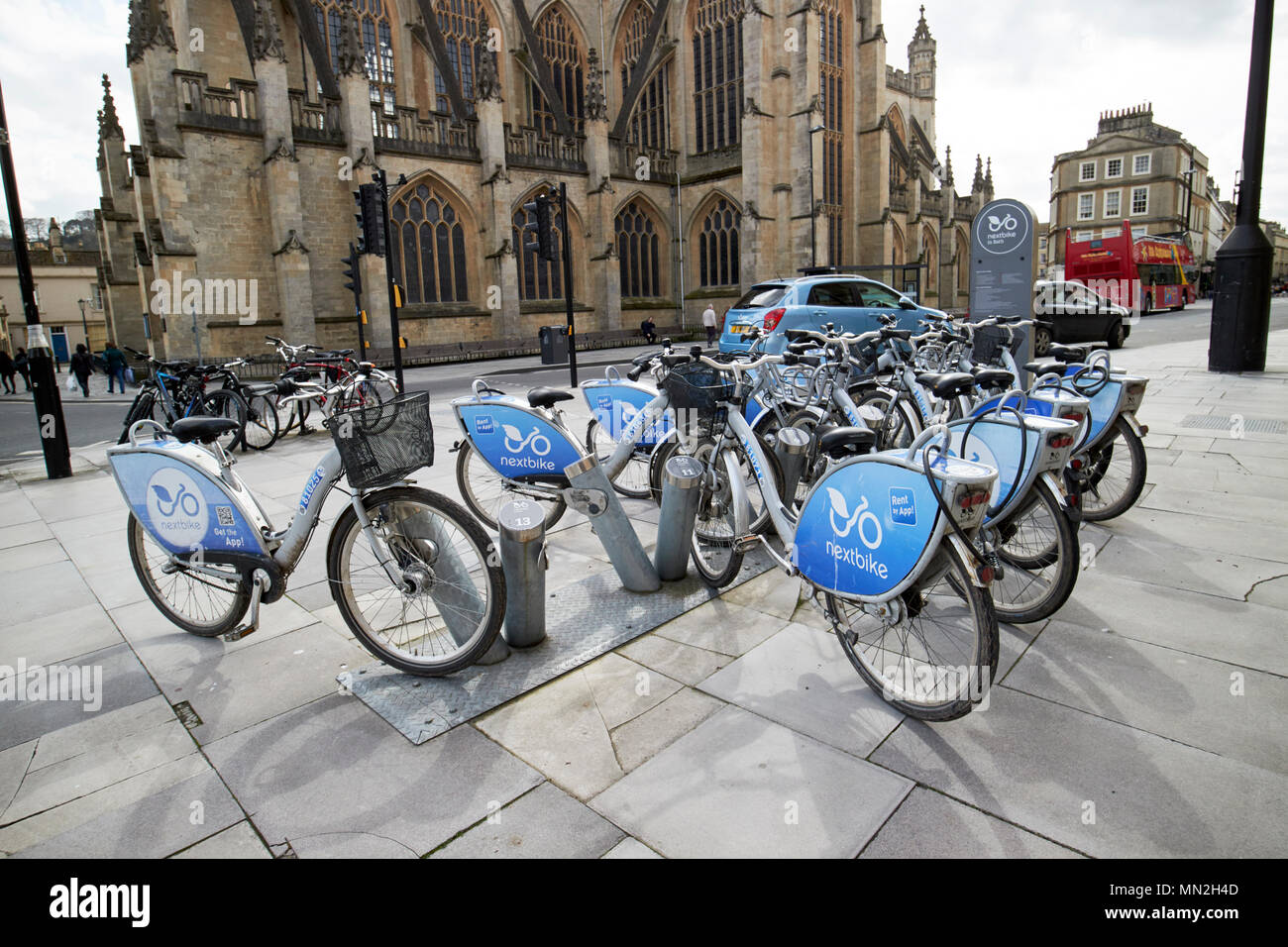 Nextbike Bike-sharing Regelung im Stadtzentrum von Bath England Großbritannien Stockfoto