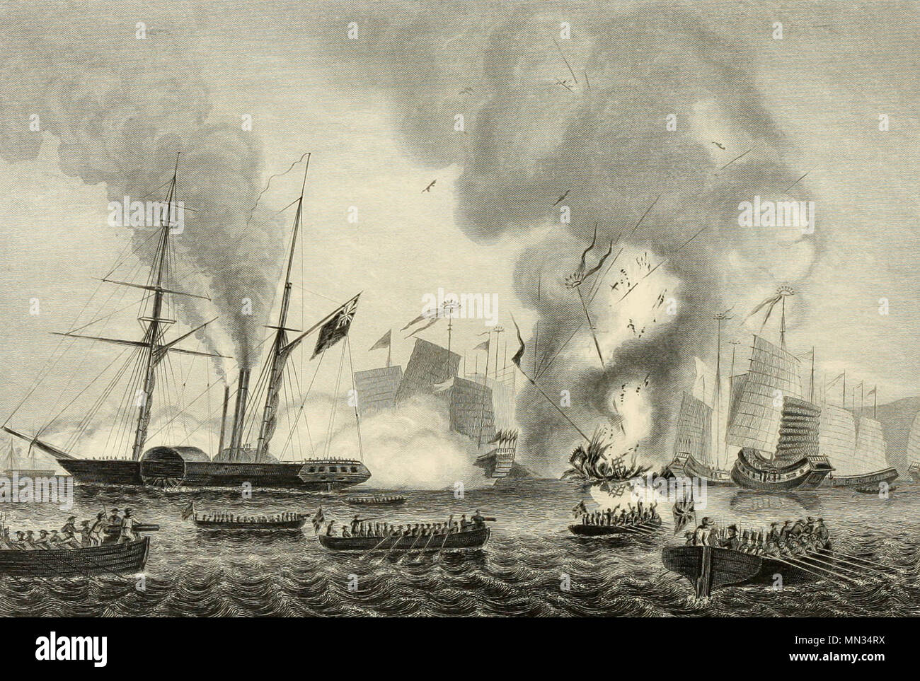 Die East India Company Dampfgarer Nemesis und die Boote der Schwefel, Kalliope, Larne, und Starling die Zerstörung der chinesischen Krieg Dschunken in Anson's Bay - Januar 7, 1841 Stockfoto