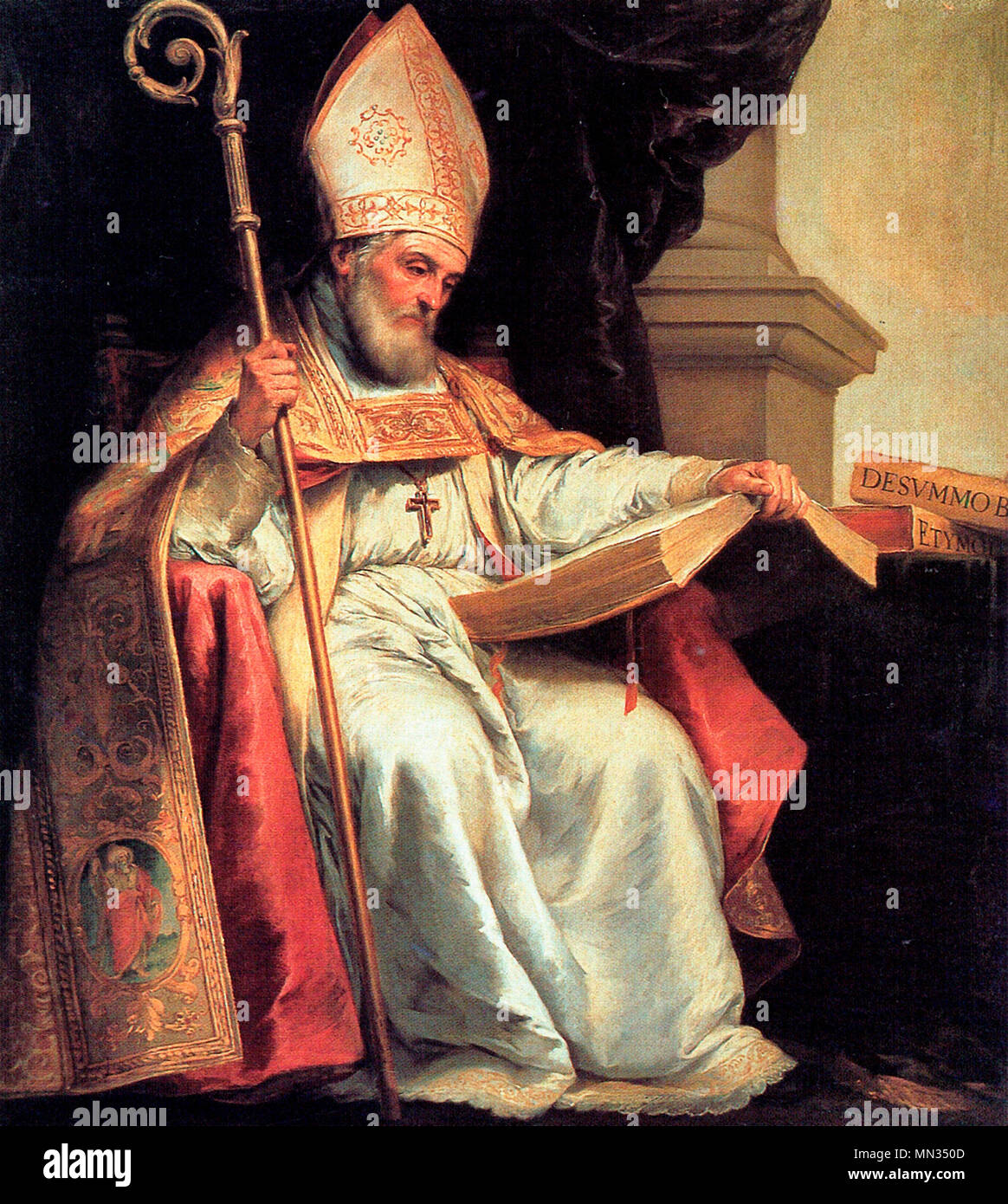 Hl. Isidor von Sevilla, Bischof, ein 7. Jahrhundert Arzt der Kirche, mit einem Buch, einem gemeinsamen ikonographischen Objekt für einen Arzt, Bartolomé Esteban Murillo, 1655 Stockfoto
