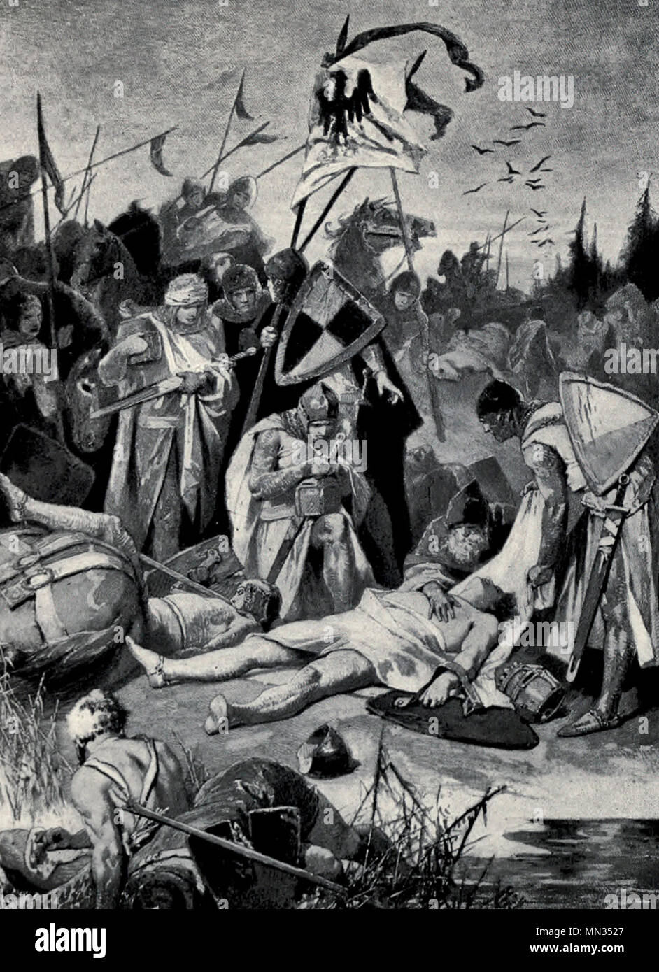 Rudolf von Habsburg Blick auf den toten Körper des Otokar, auf der Marchegg, 1278 erschlagen Stockfoto