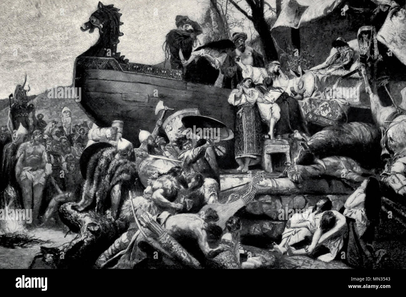 Cremating den Körper eines slawischen Häuptlings mit seinem Krieg Pferd und Slaves Stockfoto