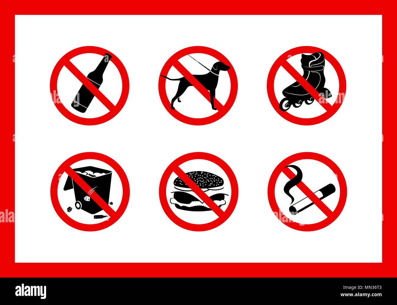 Runde rote Schilder Verbot zu Fuß von Hunden, über das Trinken Spirituosen, auf ihre eigene Nahrung bringen, zum Skaten, für Abfall, für das Rauchen Stock Vektor