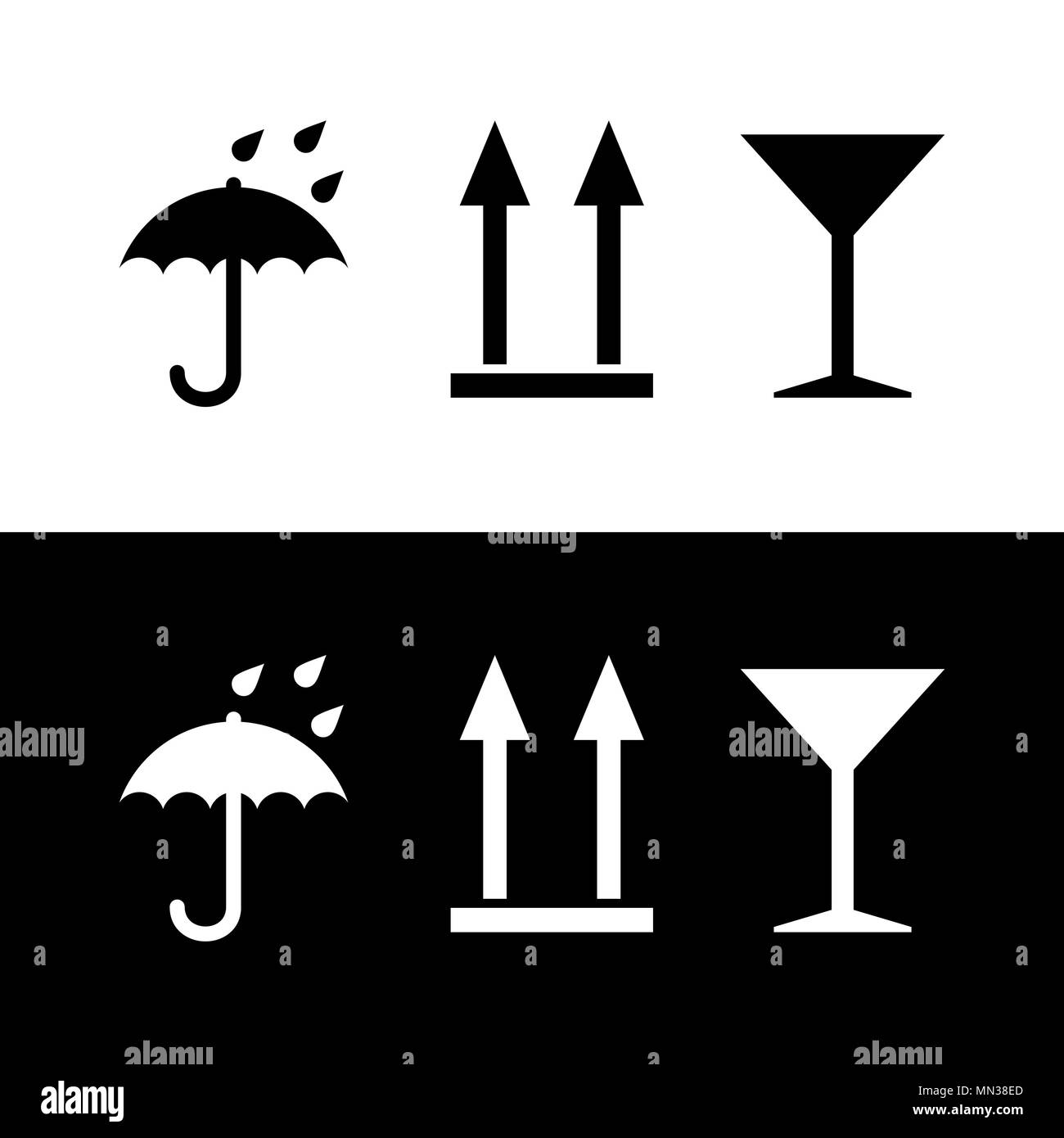 Piktogramm Regenschirm, Martini, Glas, Pfeile bis in weißen und schwarzen Farben Stock Vektor