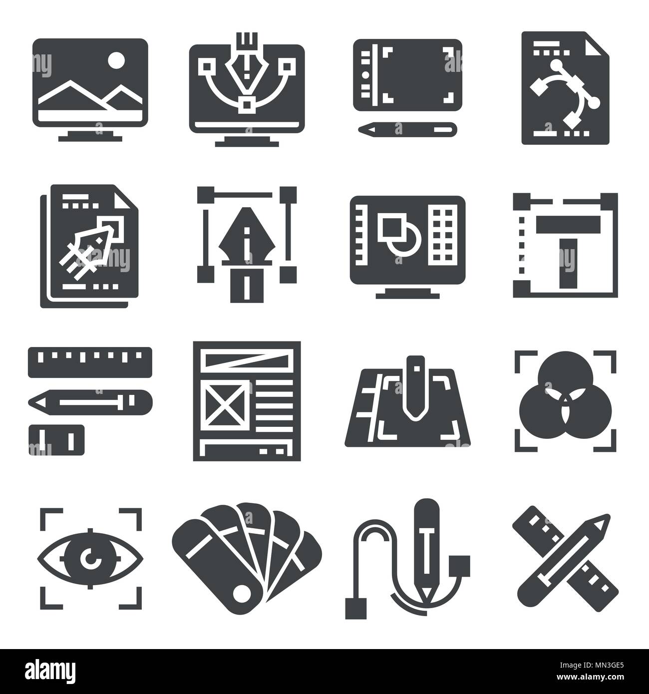 Grafik Design, kreative Paket, stationär, Software und mehr, dünne Linie Symbole, Vektor, Abbildung Stock Vektor