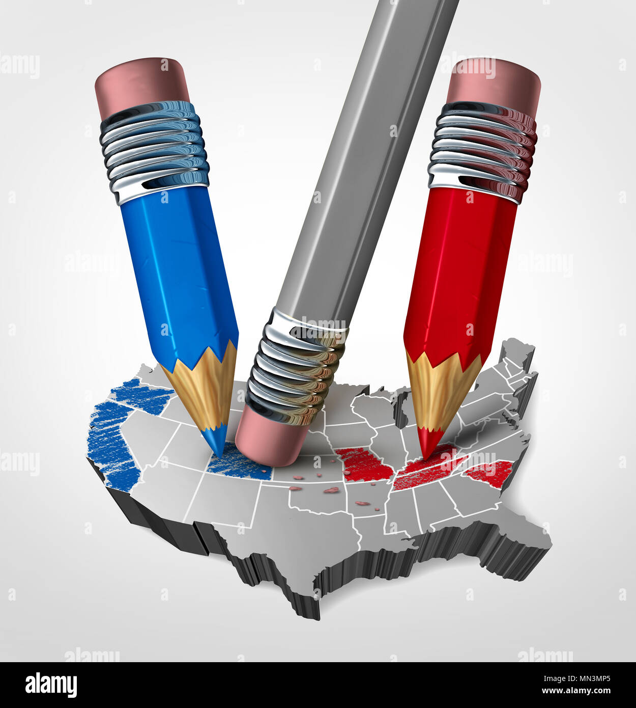 Wahl Einmischung in den Vereinigten Staaten und in Abstimmung ausländische Einmischung in den USA als 3D-Darstellung. Stockfoto