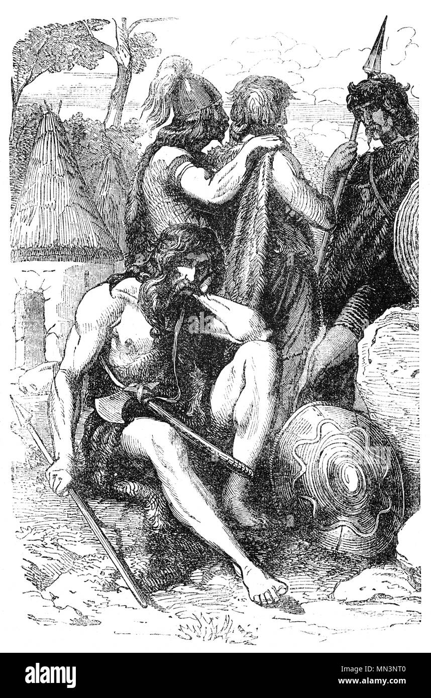 Eine Gruppe von Briten, aka Keltischen Briten oder alten Briten, in ihr Lager um die Zeit der ersten römischen Invasion in 55 BC. Sie waren keltische Menschen, die Großbritannien vom britischen Eisenzeit bis ins Mittelalter, ihre Kultur und Sprache bewohnt wichen in die moderne Walisisch, Cornish und Bretonen (unter anderem). Stockfoto Eine Gruppe von Briten, aka Keltischen Briten oder alten Briten, in ihr Lager um die Zeit der ersten römischen Invasion in 55 BC. Sie waren keltische Menschen, die Großbritannien vom britischen Eisenzeit bis ins Mittelalter, ihre Kultur und Sprache bewohnt wichen in die moderne Walisisch, Cornish und Bretonen (unter anderem). Stockfoto