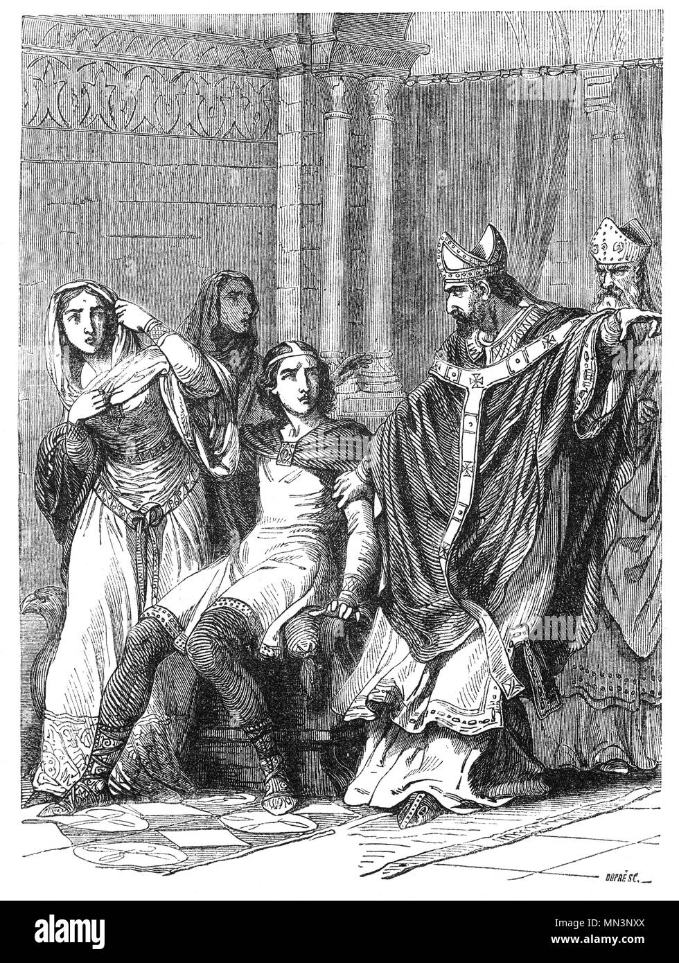 Edwy (Eadwig) war König von England. Bei seiner Krönung in Kingston upon Thames, England, im Januar 956, verließ er das Bankett mit AEthelgifu und ihre Tochter (Elgiva AElfgifu) eine Ehe zwischen Edwy und Elgiva uncanonical würde. Er war gezwungen, in die Halle von Bischof Cynesige und Dunstan, die später ins Exil geschickt wurde. Stockfoto