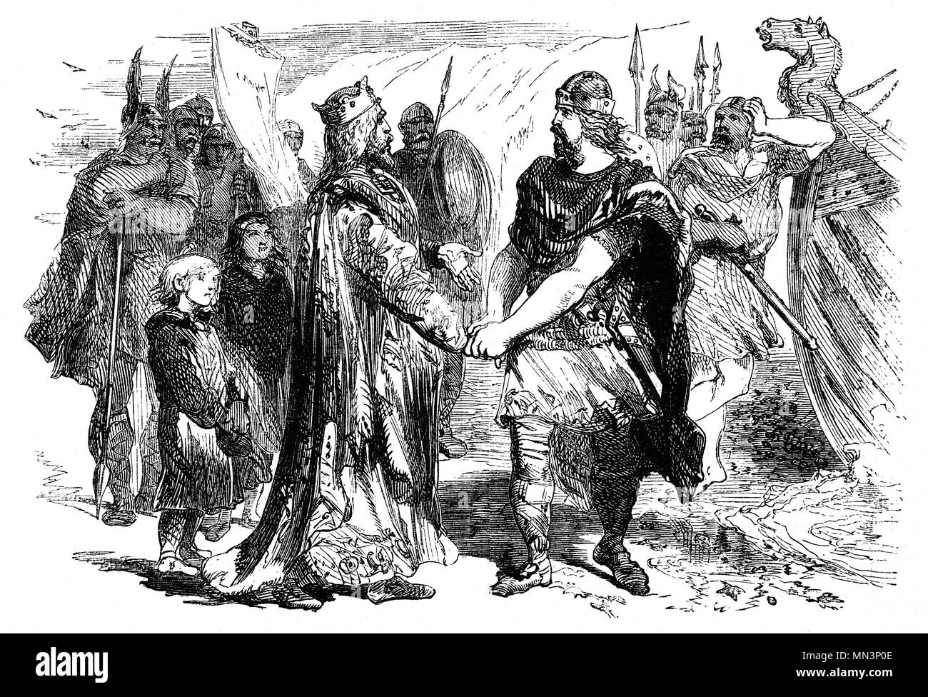 Edmund Ironside (990 – 1016), auch bekannt als Edmund II., war vom 23. April bis zum 30. November 1016 König von England. Er war der Sohn von König Æthelred dem Unfertigen und seine Herrschaft wurde durch einen Krieg, den er von seinem Vater geerbt hatte, getrübt. Edmund kämpfte die Dänen und ihre englischen Anhänger ständig bis zur entscheidenden Schlacht von Assandun am 18. Oktober 1016, als König Knut Edmund entscheidend besiegte, wonach die beiden Könige auf der Insel Alney im Fluss Severn trafen und einen Frieden aushandelten, der das Land zwischen ihnen teilte. Edmund erhielt Wessex, während Cnut nahm Mercia und wahrscheinlich Northumbria. Stockfoto