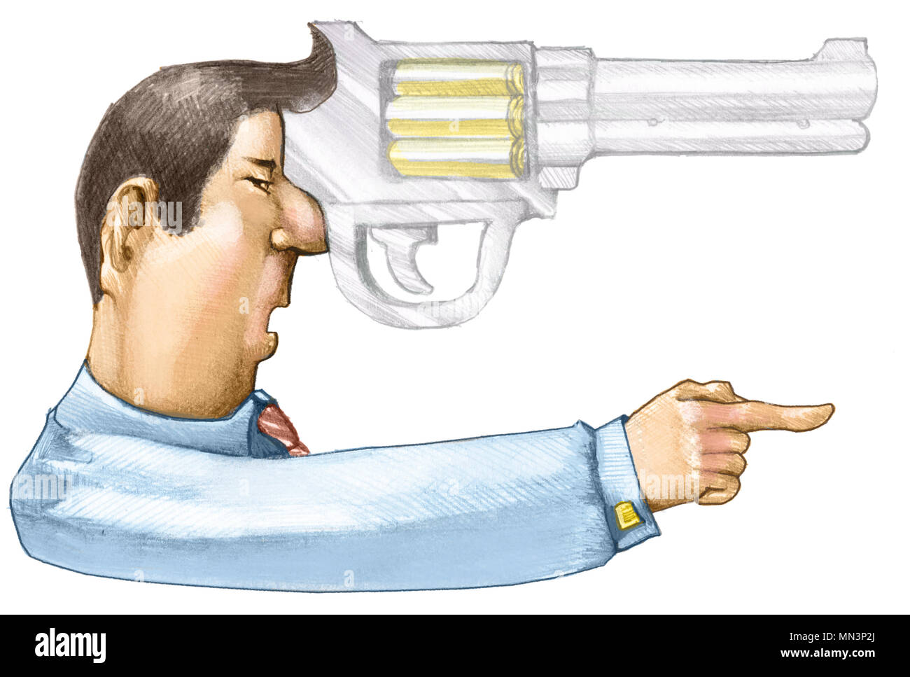 Der Griff einer Waffe ist das Profil eines aggressiven Mann Stockfoto