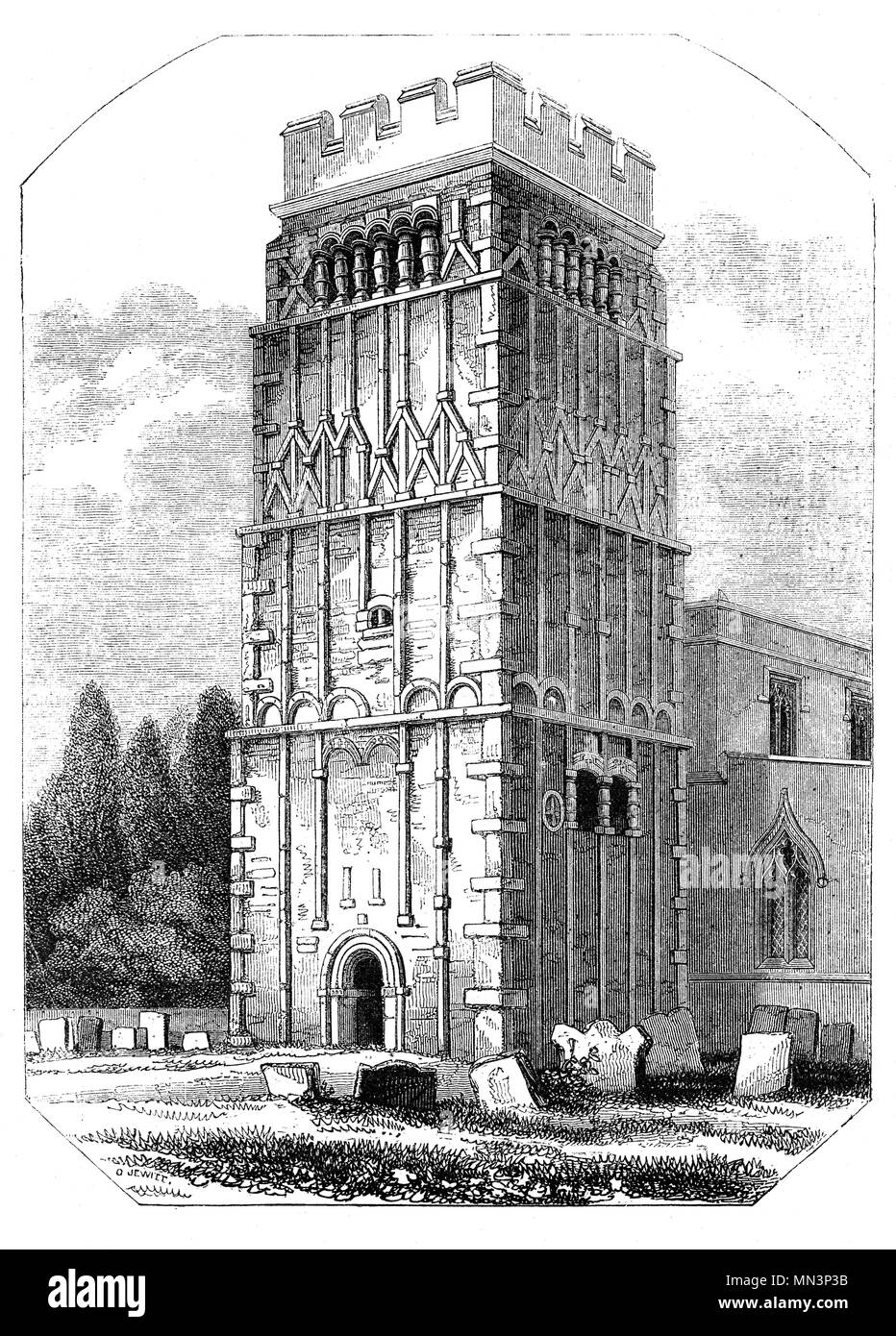 Der Turm von All Saints' Church, Earls Barton, einem bekannten angelsächsischen Kirche von England Pfarrkirche in Earls Barton, Northamptonshire. Es wird geschätzt, dass das Gebäude stammt aus dem 10. Jahrhundert später, kurz nach dem dänischen Luftangriffe auf England. Nach der Normannischen Eroberung Englands ein angelsächsischer namens Waltheof der ersten Earl hatte von Northampton. Er war verheiratet mit der Nichte von William ICH, Judith, und sie Land wurde am Barton gewährt später genannt Earls Barton. Stockfoto