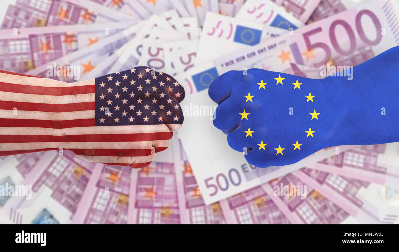 Zwei Fäuste sind mit Flaggen der USA und Europa gezeichnet. Sie stehen symbolisch gegenüber der jeweiligen Staaten. Ein symbolisches Bild eines aktuellen Schadstoffsausstoßes Stockfoto