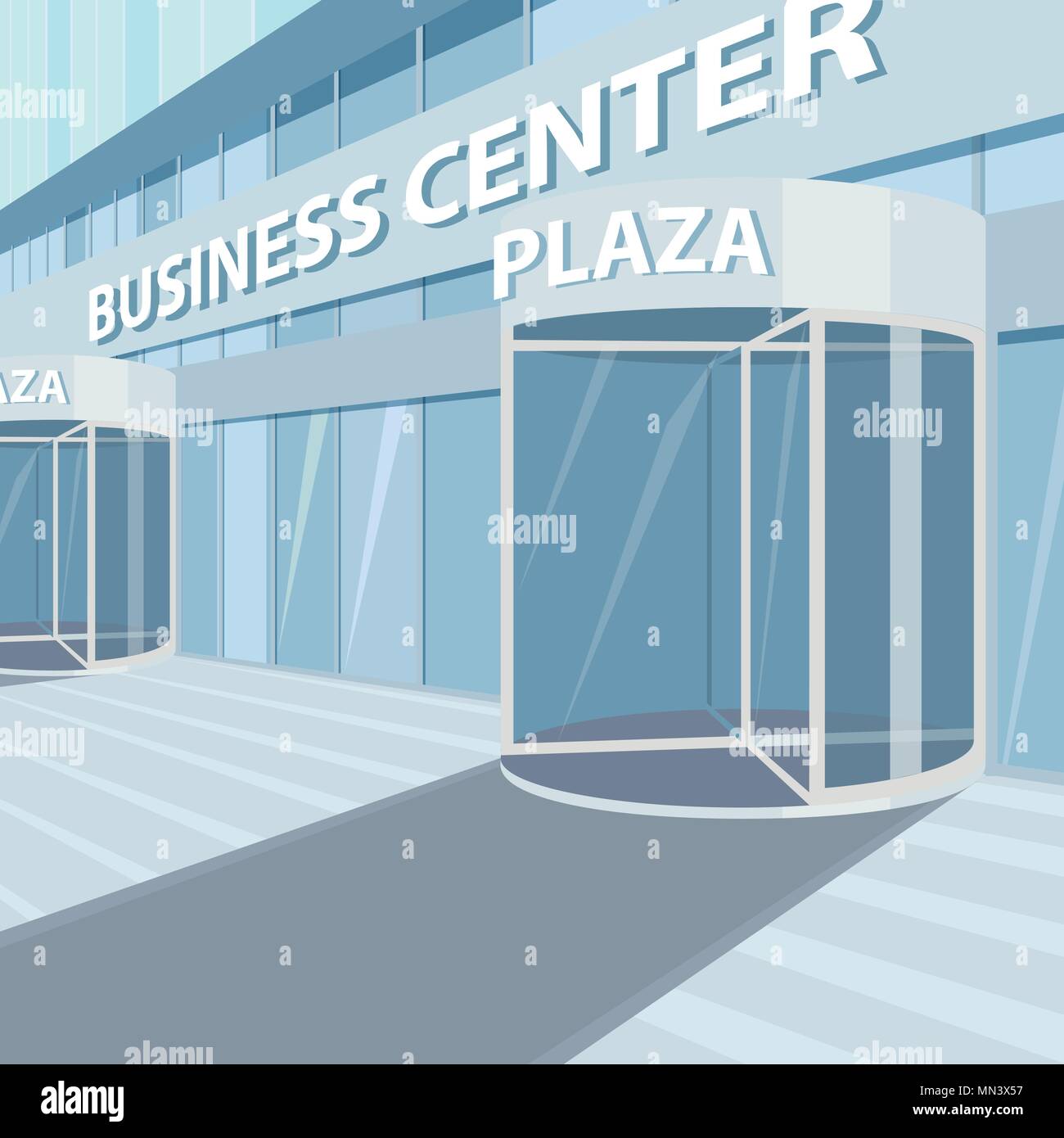 Außenseite der Fassade von Office Business Center, mit Glaswand und Türen, mit Inschrift Plaza Stock Vektor
