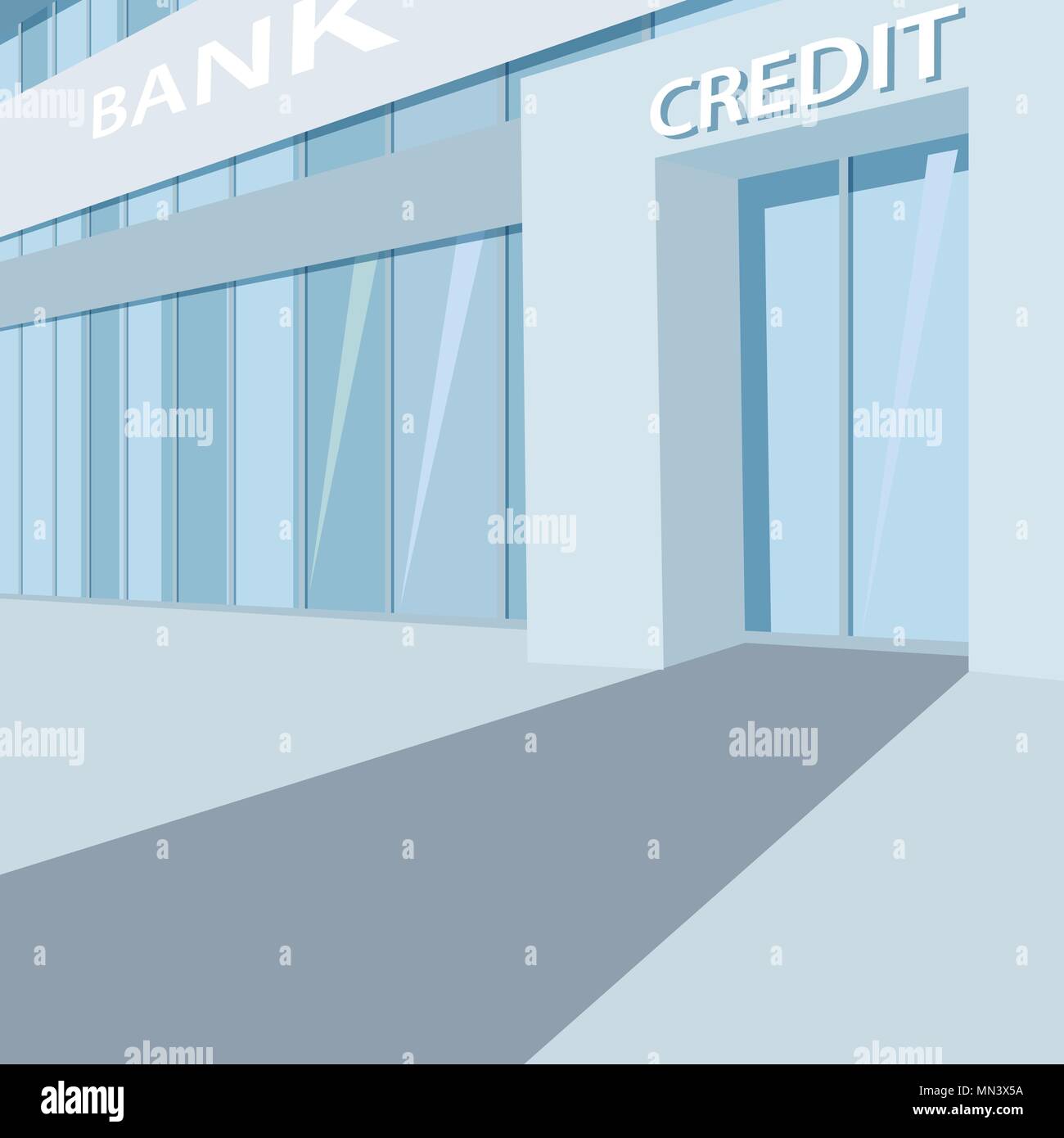 Äußere der Bank Gebäude Fassade, mit Glaswand und Klappe, mit Aufschrift Kredit Stock Vektor