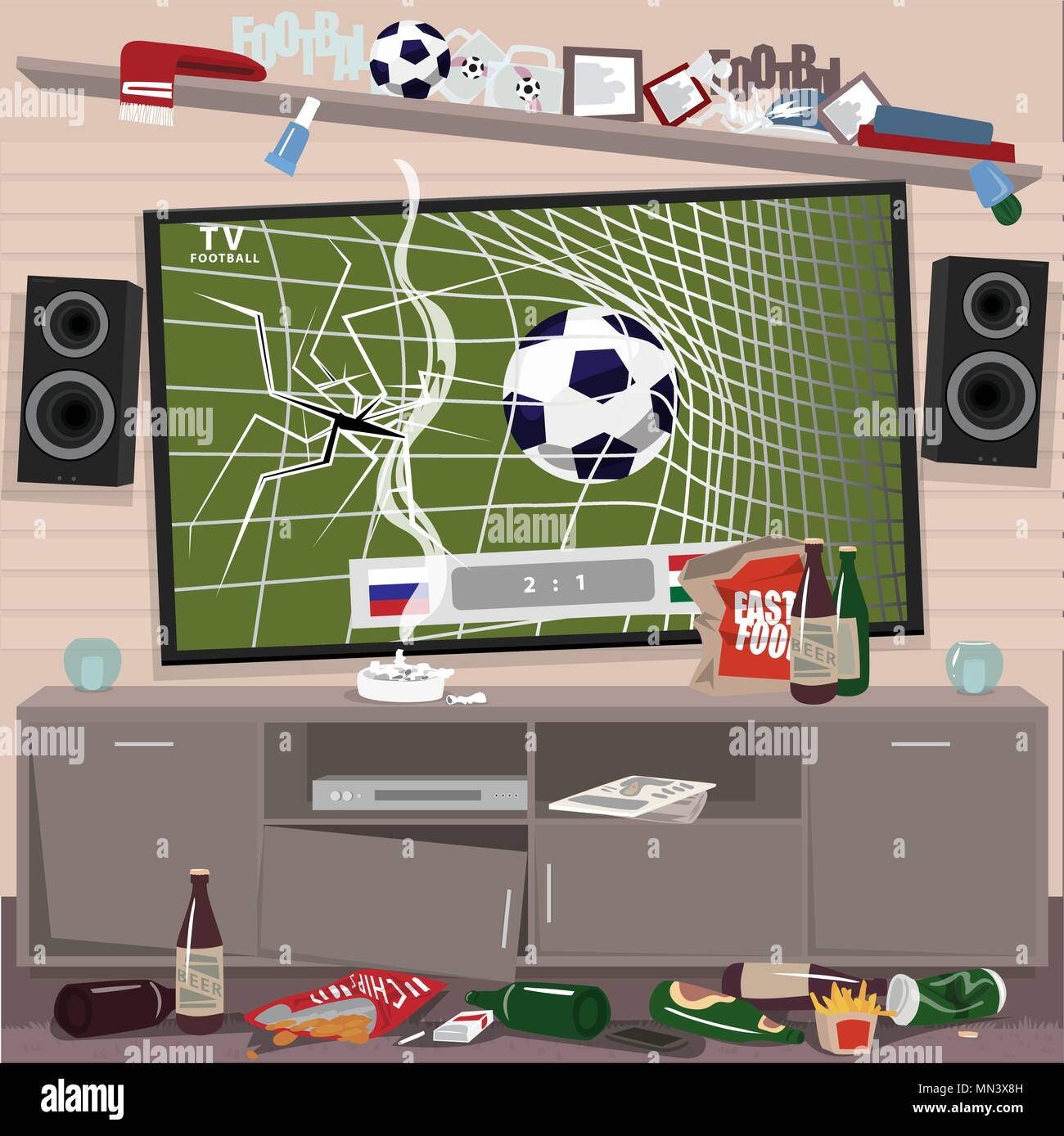 Chaos im Zimmer der Fußball-Fan und defekte Fernseher nach Fussball-WM Stock Vektor